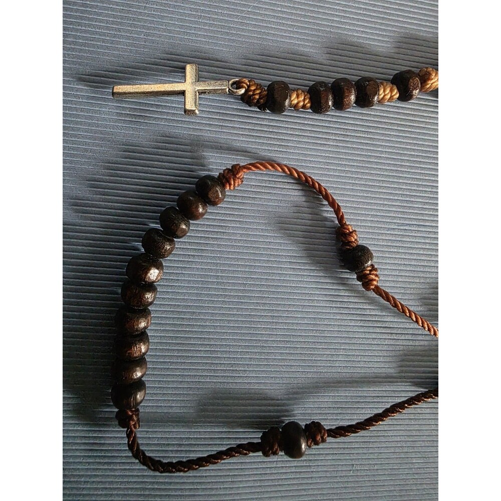 Our Lady of the Rosary of Fatima Silver Metal Cross Wood Beads Necklace Marian - Picture 5 of 8